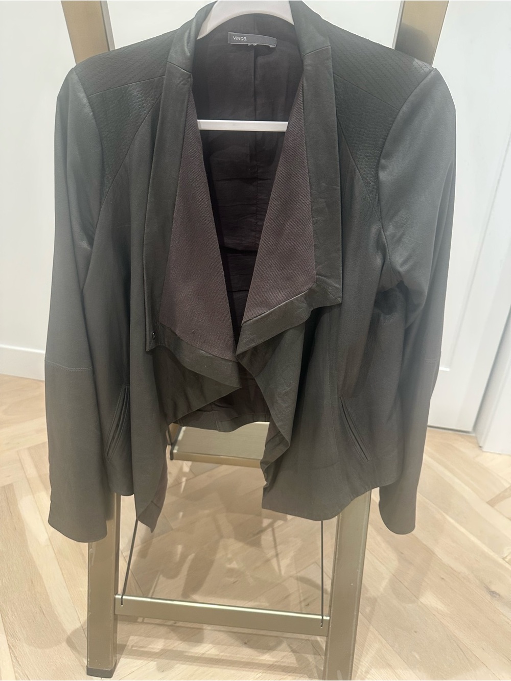 VINCE grey Draped Leather-Trim Jacket size large